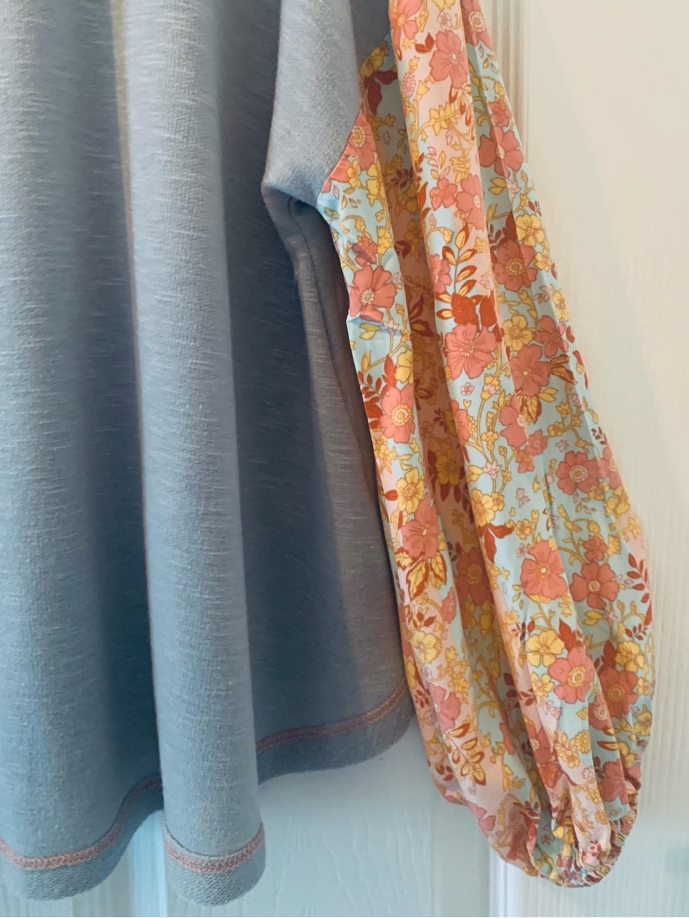 Oversized Light Blue Top with Floral Sleeves • Size Small - Picture 3 of 12